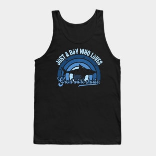 Funy Quote Just A Boy Who Loves great white sharks Blue 80s Retro Vintage Sunset Gift IdeA for boys Tank Top